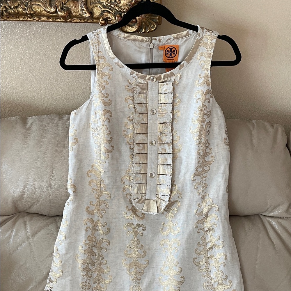 $450 Tory Burch Maggie Gold Brocade Sleeveless Shift Dress - Picture 2 of 9